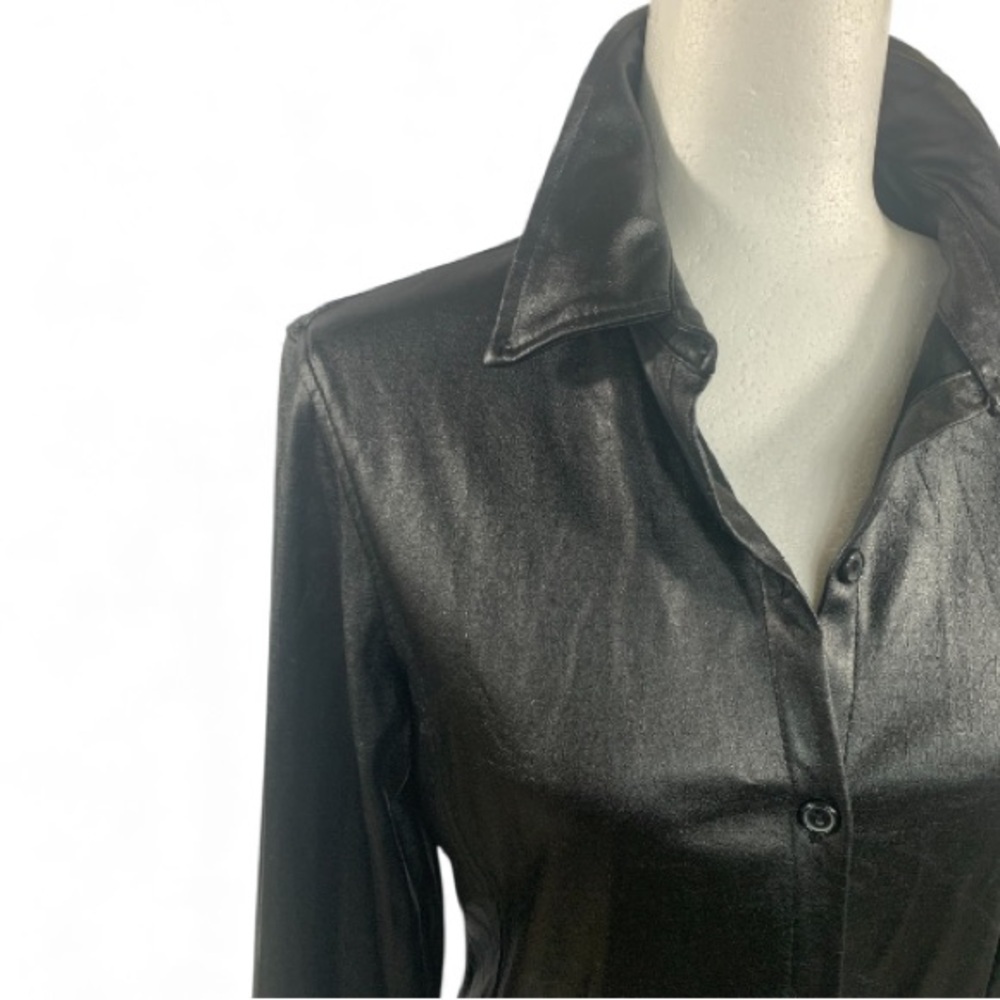 NY Jeans Shirt Coated Leatherette Fabrication Long Sleeve Shacket Casual Black S - Picture 3 of 10